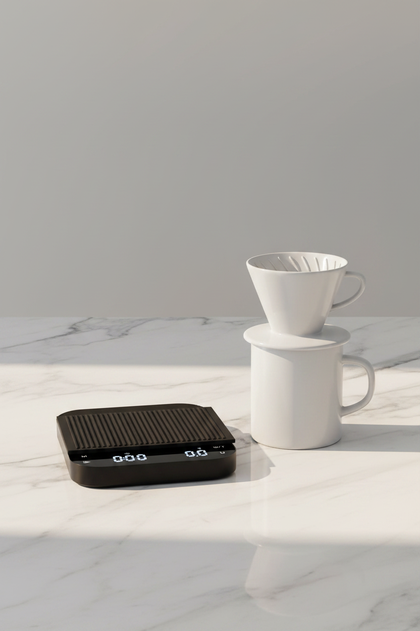 Báscula digital compacta para café con pantalla LED y temporizador