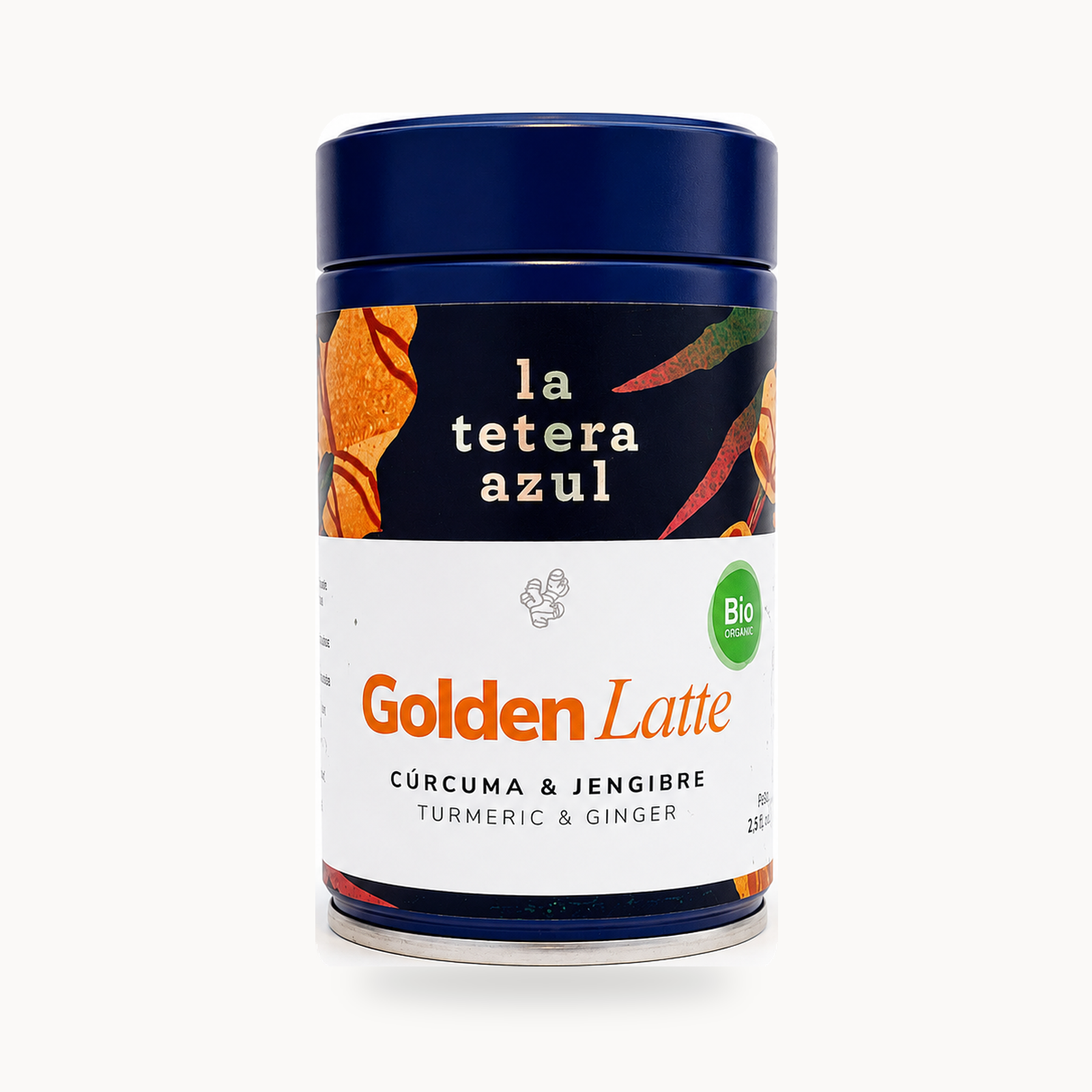 Bote de Golden Latte La Tetera Azul 80 g con cúrcuma, jengibre, canela, vainilla y cardamomo