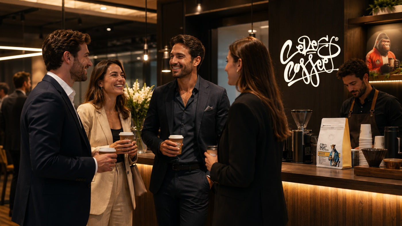 Personas conversando alrededor de un café en un evento de networking